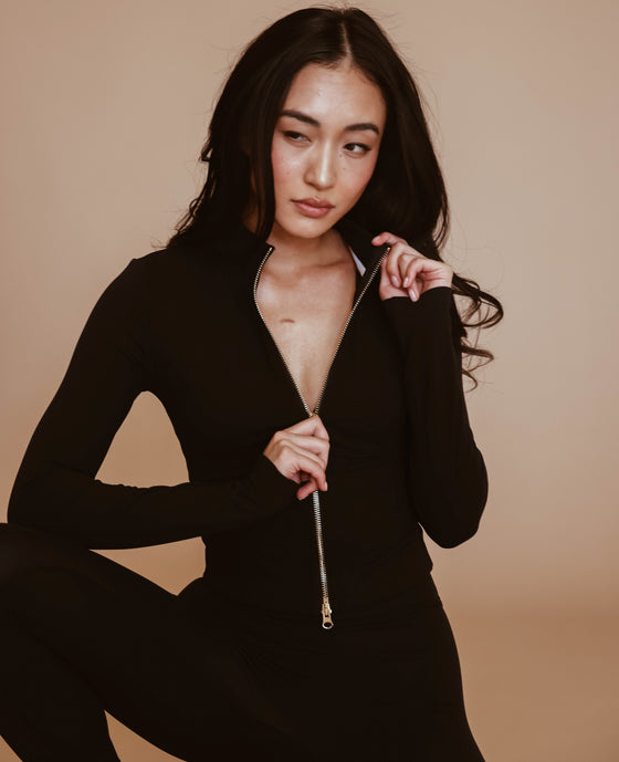 Mock Neck Zip-Up Jacket - Black